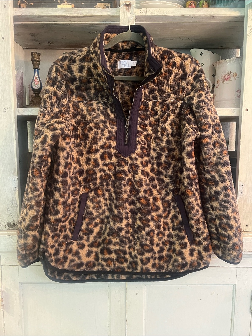 Time and Tru Leopard Print Teddy Jacket in Brown and Black Size L